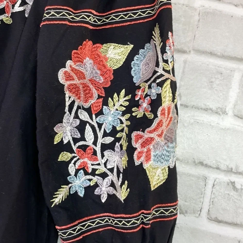 Free People Fluer Du Jour Black Dress Floral Multicolor Embroidery Med